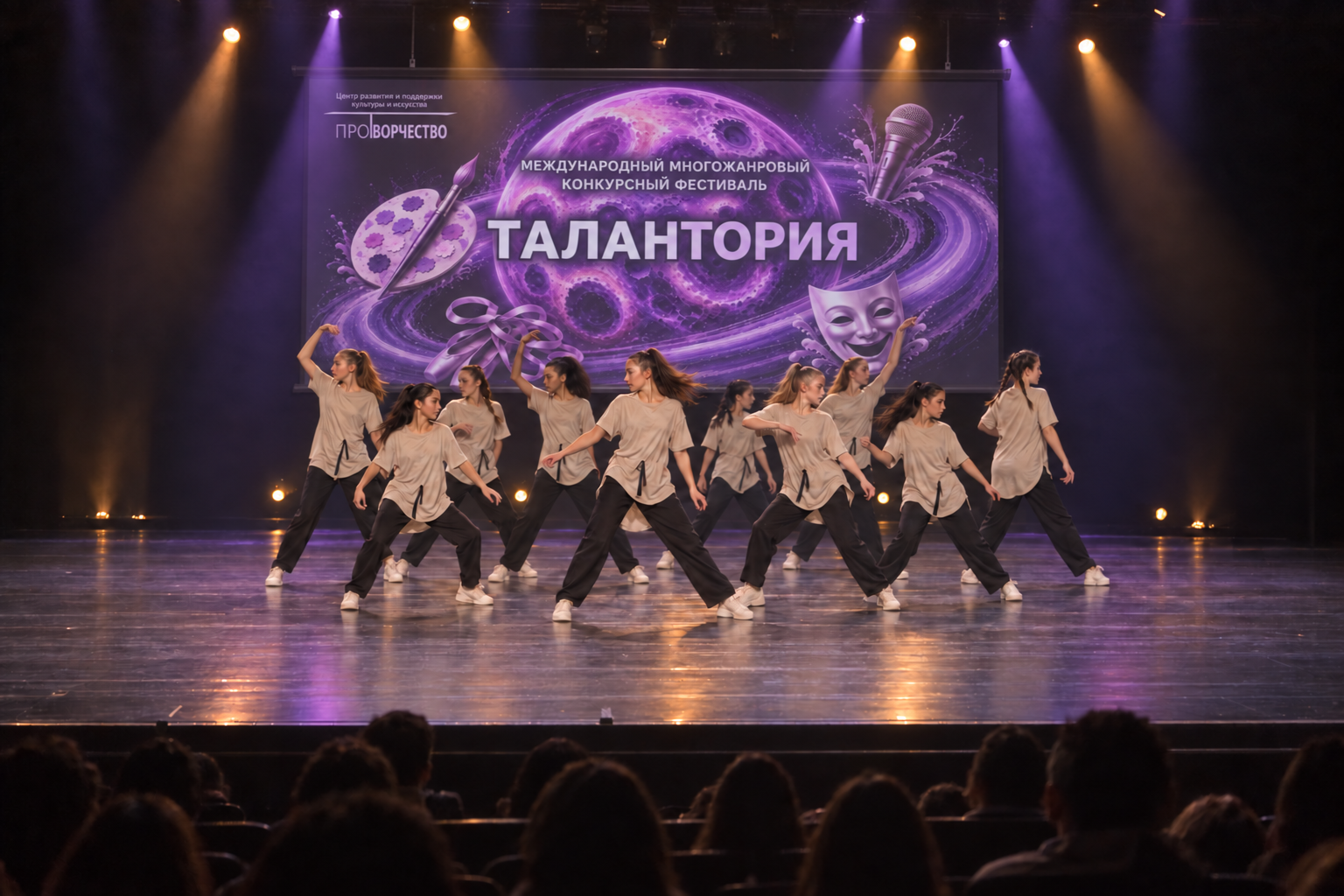 Танцевальный коллектив выступает на сцене перед зрителями